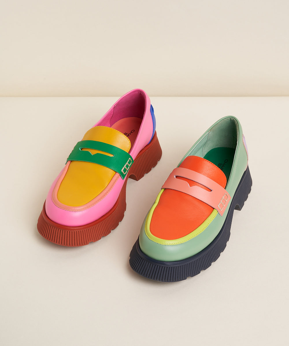Adam Multi-Color Leather Platform Loafers, Multicolored Pink and Green ...