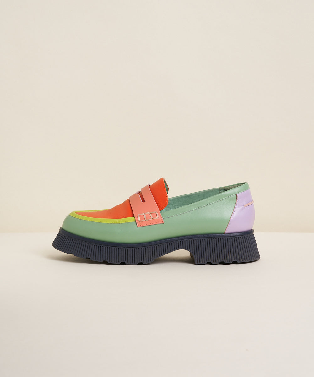 Adam Multi-Color Leather Platform Loafers, Multicolored Pink and Green ...