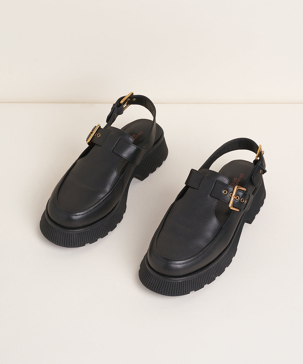 Aubrey Leather Platform Loafers With Back Strap, Black – Charlotte Stone