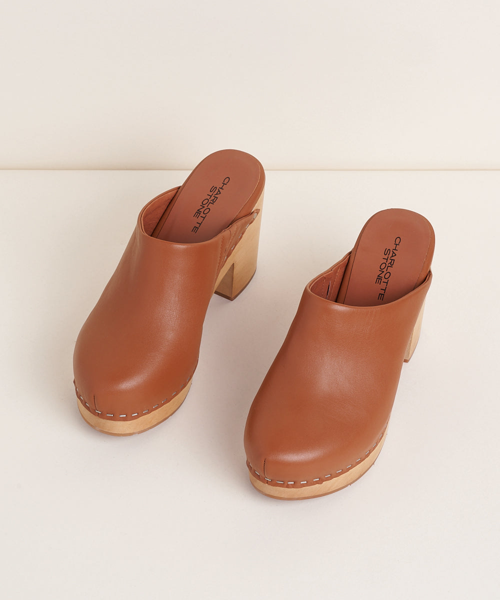 Marlo Chunky Wooden Platform Clog Mule, Luggage Brown Leather